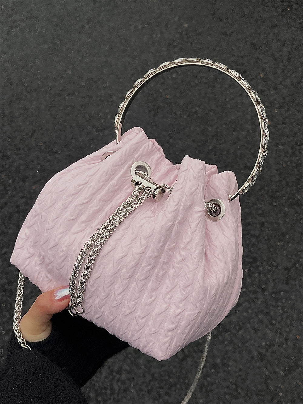 Rhinestone chain handbag women, fashion drawstring bucket bag evening clutch purse party Prom bag Party purse Prom bags clutches